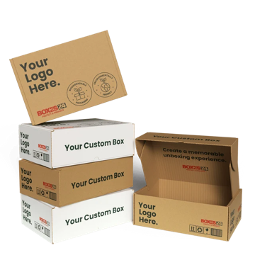 Printed kraft and white mailer boxes carrying a customer logo