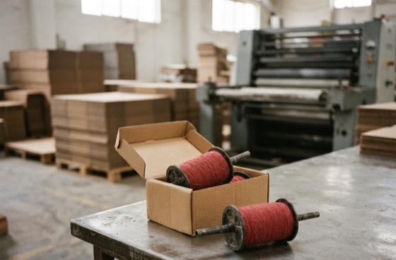 A small kraft carton on a workbench holding wooden charkhi wound with red cotton dor, with another charkhi beside it