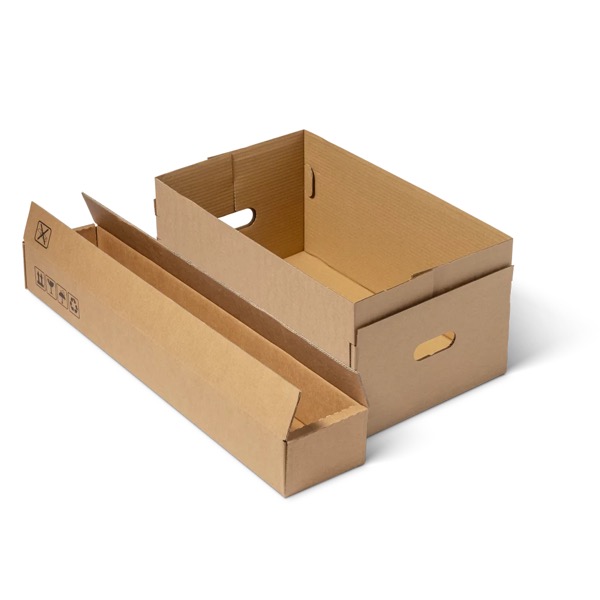 An open die-cut kraft tray with hand holes, beside its separate lid