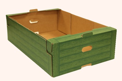 An open green-printed corrugated produce tray with hand holes and stacking corners