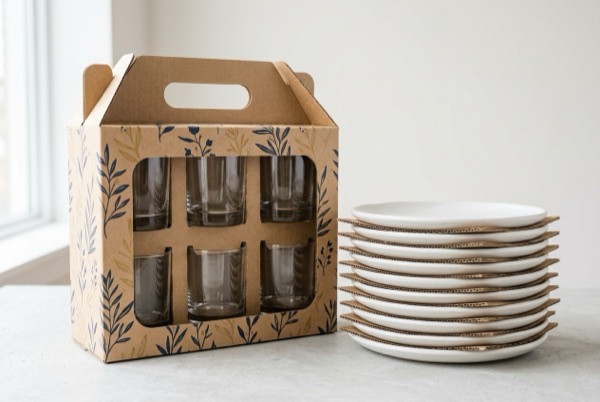A printed kraft gift box for six glasses with a die-cut window and carry handle, beside a stack of plates separated by corrugated layer pads