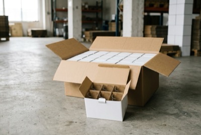 An open master carton packed with white inner boxes, and one inner box in front holding six drinking glasses in a corrugated partition