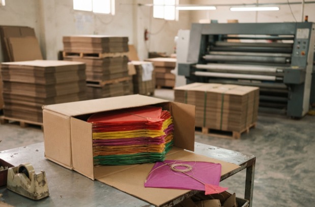 An open kraft carton on a steel table in the plant, packed with a stack of coloured tissue-paper gudday, with one kite and a charkhi of dor beside it