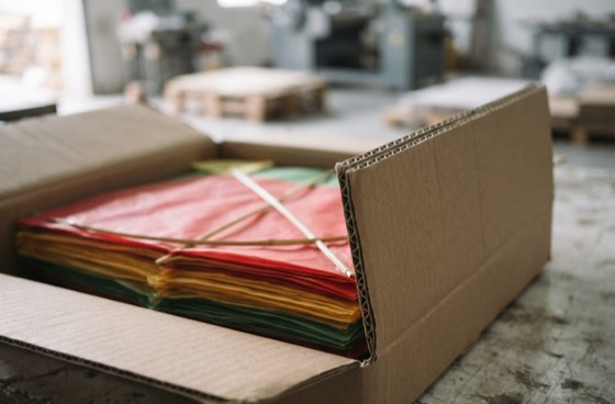 Close view of an open carton with a bundle of red, yellow and green gudday inside, the fluted edge of the board visible