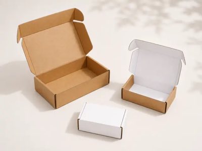 Open kraft and white mailer boxes