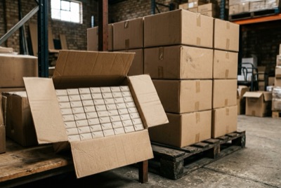 An open corrugated master carton filled with rows of wrapped matchbox packets, beside sealed cartons stacked on a pallet