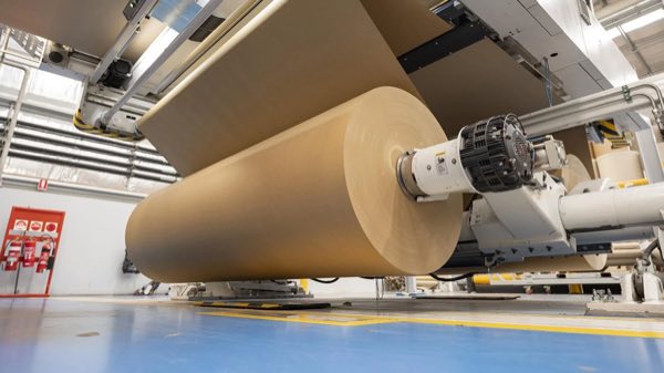 A reel of kraft liner running through the corrugating machine