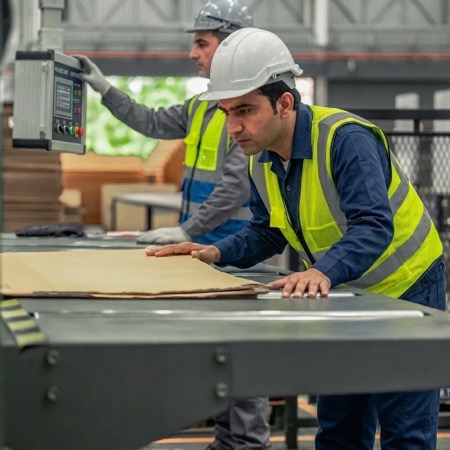 Two workers in high-visibility vests feeding corrugated board through a machine