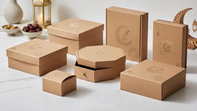 Printed kraft Ramzan gift boxes in several shapes, with dates and a lantern